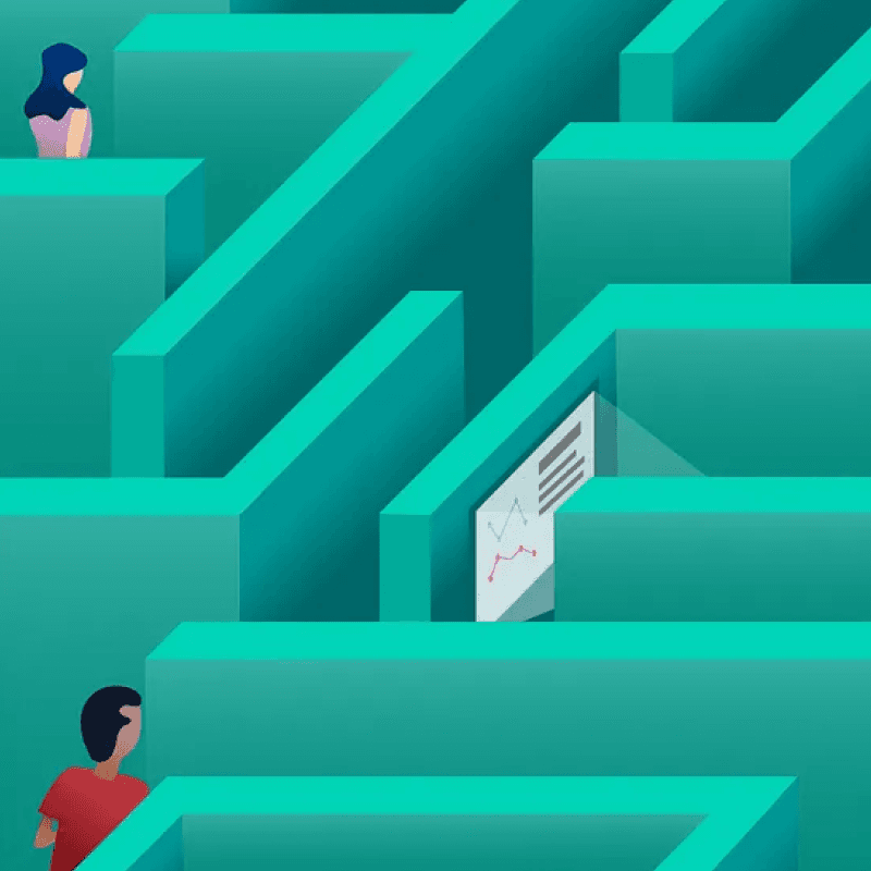 Editorial illustration of people navigating a maze